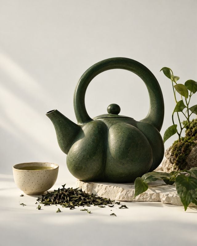 ceramic teapot product photo: A sculptural dark green teapot, teacup, and loose tea leaves are arranged with moss and foliage on a pale stone surface, lit by w…
