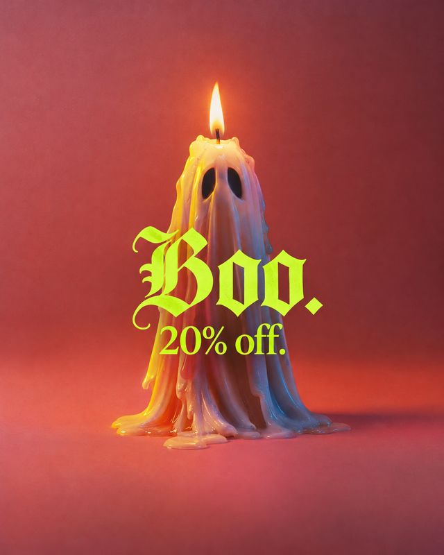 Halloween candle halloween product photo: A melted, ghost-like candle with a flame is centered against a red studio backdrop, overlaid with bright gothic “Boo.…