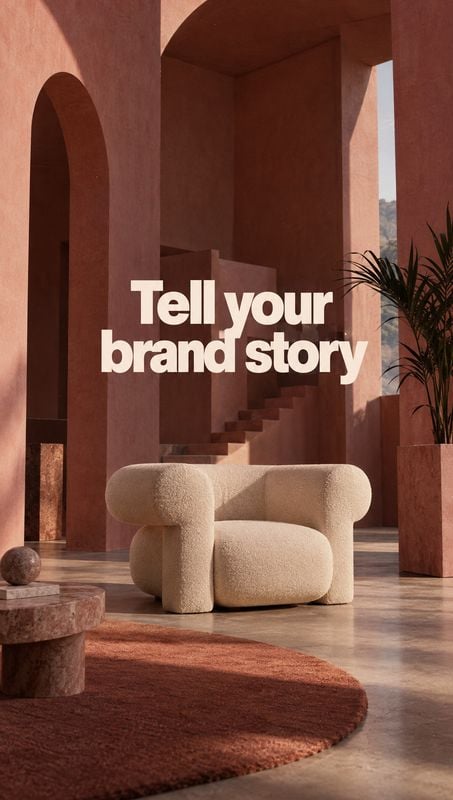 upholstered lounge chair room set product photo: A sculptural cream lounge chair sits in a warm terracotta architectural interior with a potted plant and textu…
