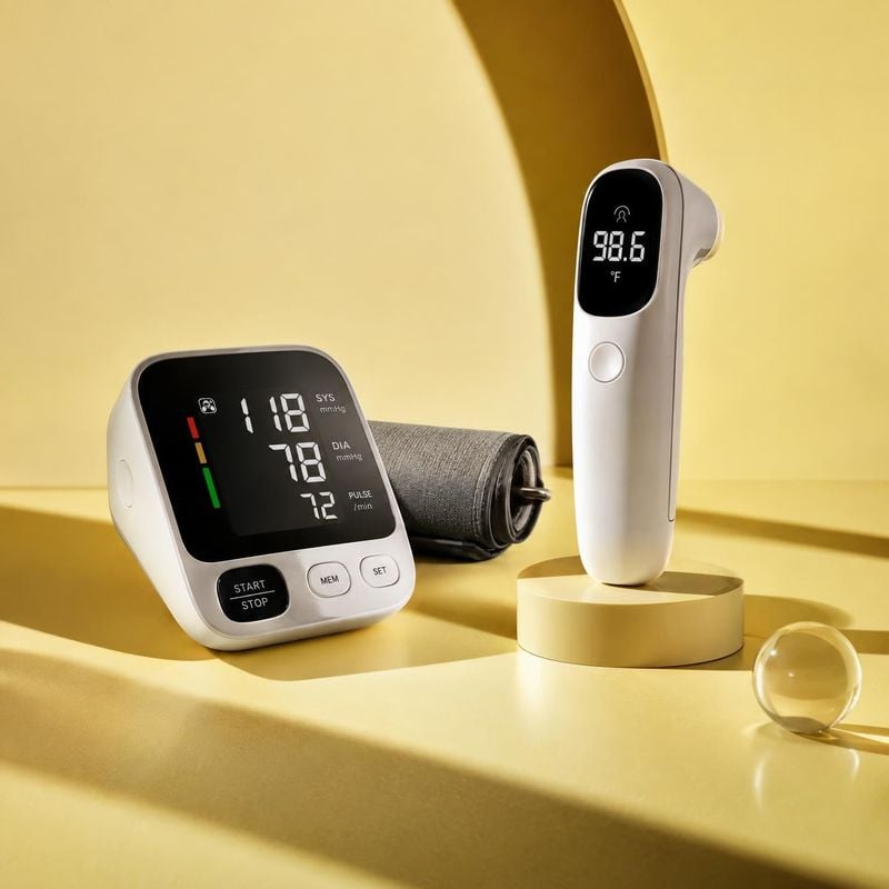 digital thermometer and blood pressure monitor personal care product photo: A digital thermometer and blood pressure monitor are arranged on sculptural yellow…