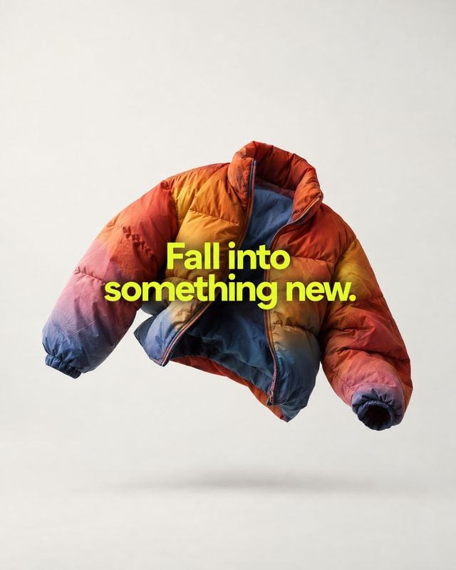 puffer jacket floating product product photo: A colorful red, orange and navy puffer jacket floats against a pale studio background, with bold neon-yellow “Fal…