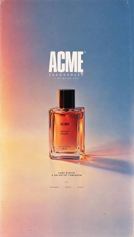 perfume packshot product photo: An amber perfume bottle stands centered against a softly glowing blue-to-peach gradient, with bold white branding and small pro…