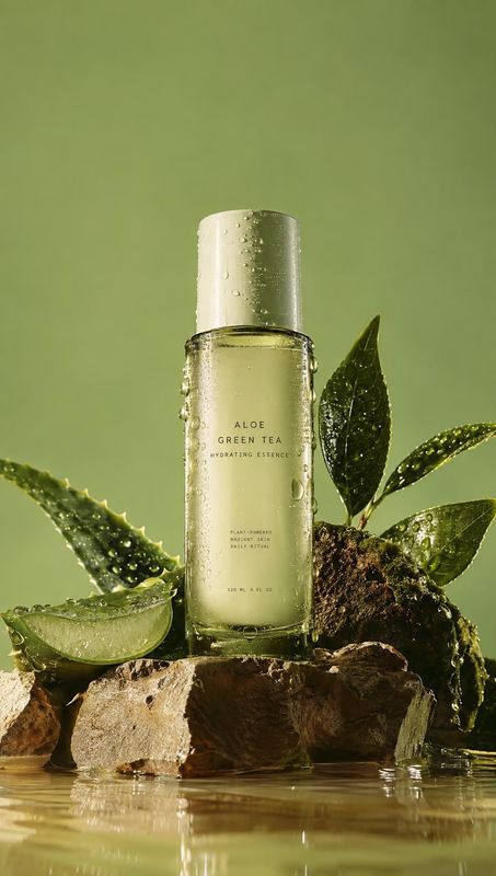 hydrating essence ingredients product photo: A clear bottle of aloe green tea hydrating essence stands among aloe leaves, a cut aloe segment, rocks, and water…