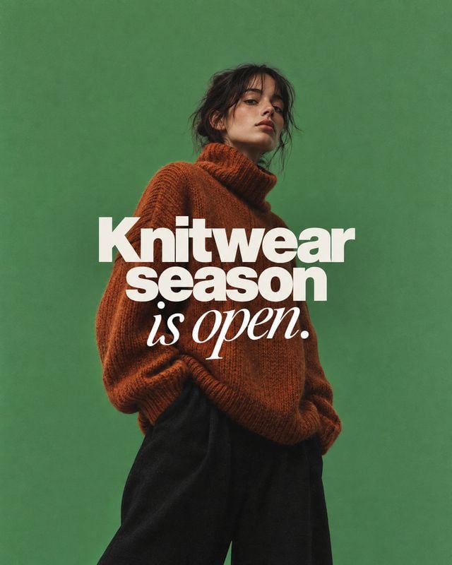 rust knit sweater autumn product photo: A model in a chunky rust-colored sweater and dark trousers poses against a green studio backdrop, with bold white seaso…