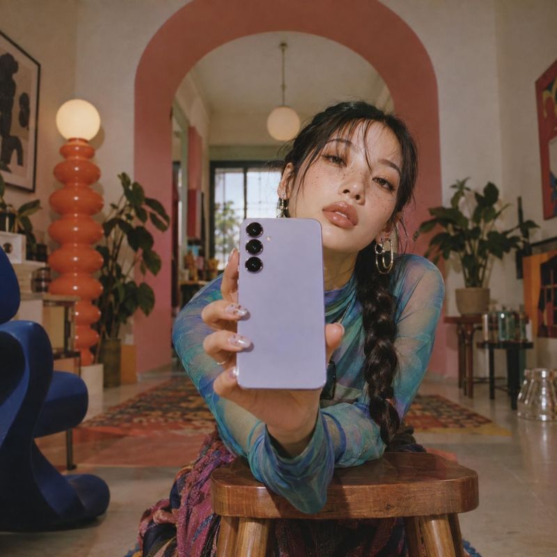 smartphone product in hand product photo: An adult woman in a sheer blue-green top presents a lavender smartphone toward the camera in a warmly lit, eclectic l…