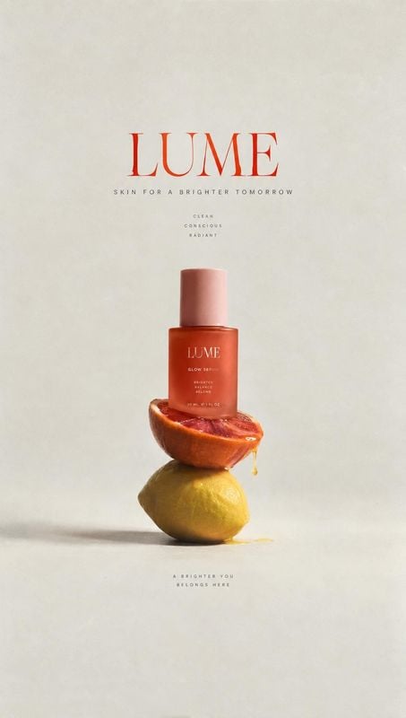 glow serum ingredients product photo: A coral-toned serum bottle is balanced on a halved citrus fruit and a whole yellow fruit against a softly textured ivory…