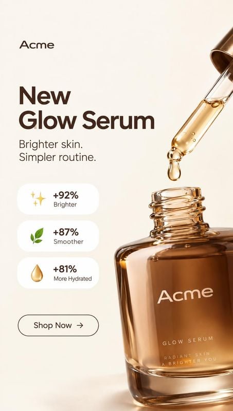 glow serum packshot product photo: An amber glow serum bottle and glass dropper are styled against a warm ivory backdrop, with bold promotional typography and…