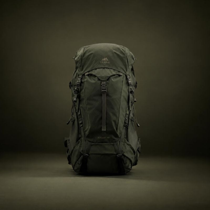 hiking backpack sports product photo: A dark olive hiking backpack stands centered against a seamless muted studio backdrop, lit dramatically with ample empty…