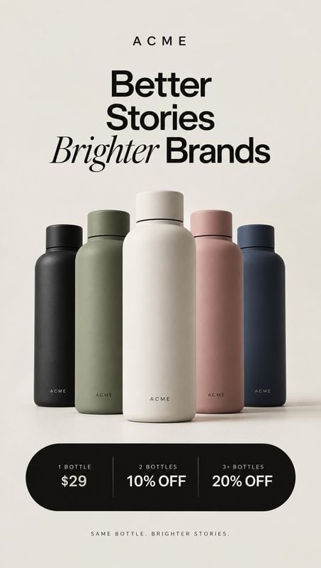 reusable water bottles group lineup product photo: Five matte-finish reusable bottles in muted colors are arranged on a pale studio surface beneath bold black…
