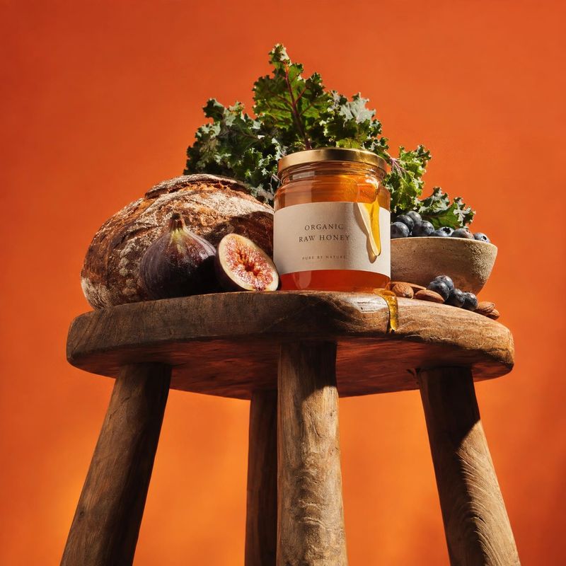 raw honey ingredients product photo: A jar of raw honey is styled on a rustic wooden stool with bread, figs, blueberries and leafy greens against a vivid orang…