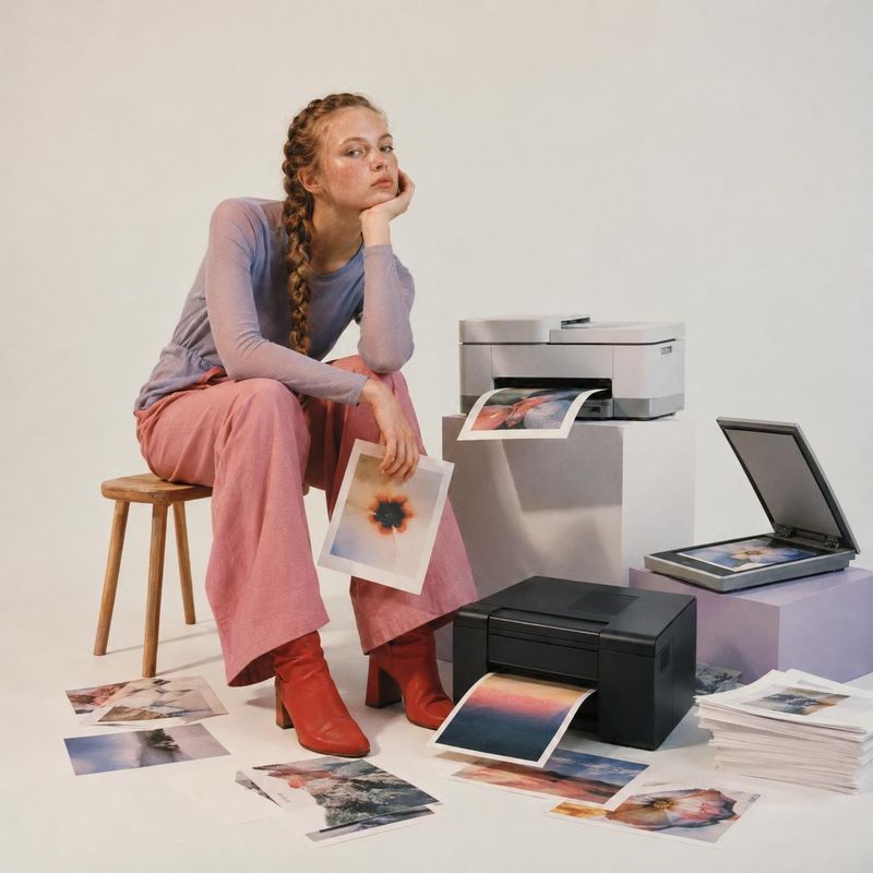 photo printers and scanner equipment in use product photo: A woman in a lavender top, pink trousers and red boots sits among photo printers, a scanner and scat…