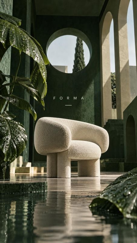 upholstered lounge chair exterior / architecture product photo: A sculptural cream lounge chair sits in a shadowy stone atrium, framed by glossy tropical leave…