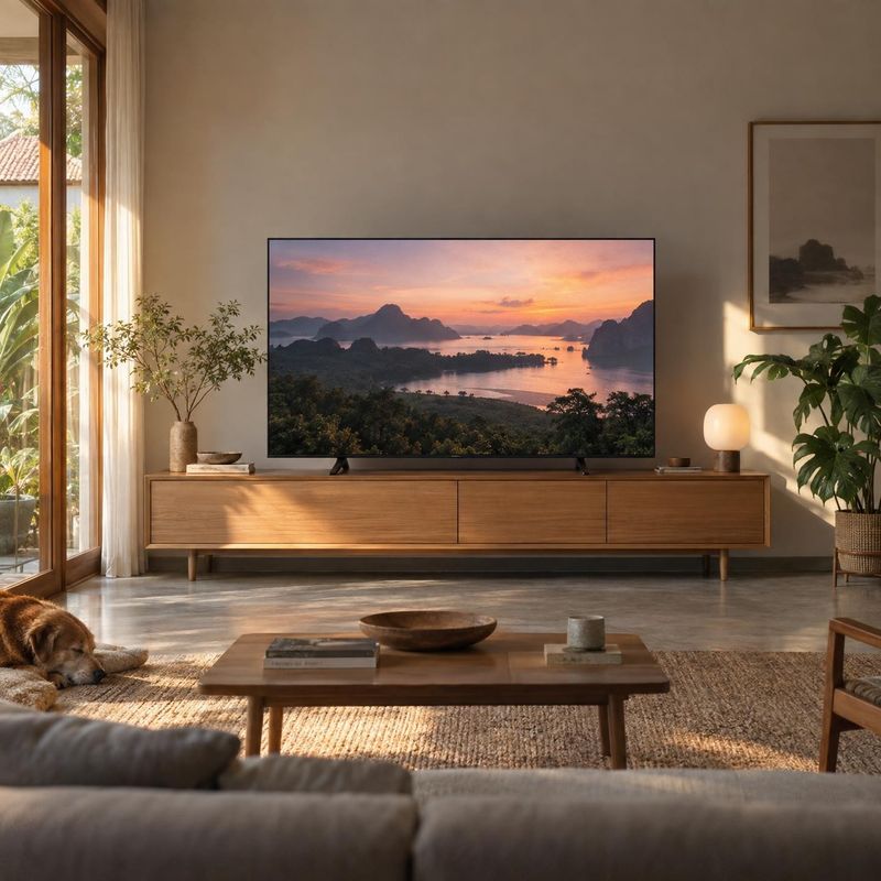 television equipment in use product photo: A large television displaying a sunset landscape sits on a wood console in a warmly lit living room with plants, nat…