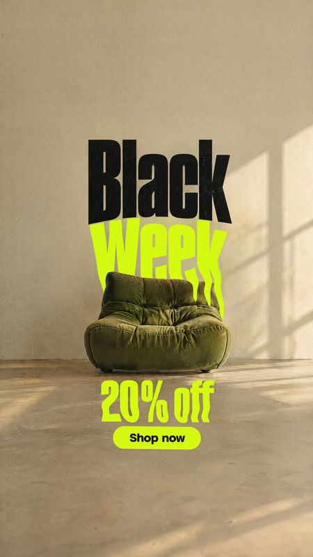 upholstered lounge chair room set product photo: A plush olive-green lounge chair sits in a sparse sunlit room beneath bold black and neon-lime Black Week disc…