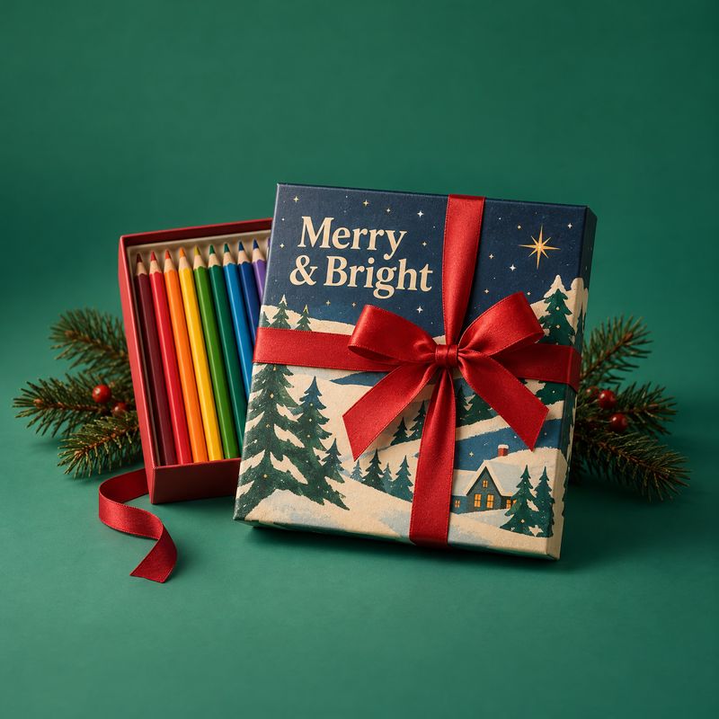 Christmas colored pencil gift set christmas product photo: A boxed set of colorful pencils is staged with evergreen sprigs and red ribbon against a deep green…