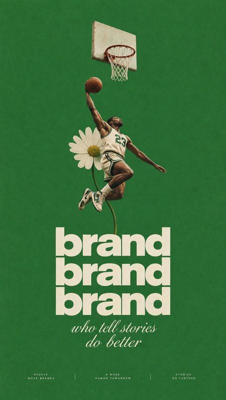 action & motion product photo: A basketball player leaps toward a hoop above a daisy on a deep green graphic background, paired with oversized cream typography…