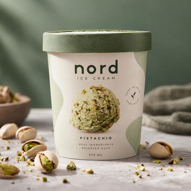 pistachio ice cream ingredients product photo: A tub of pistachio ice cream sits among scattered pistachios on a pale stone surface, lit softly against a muted…