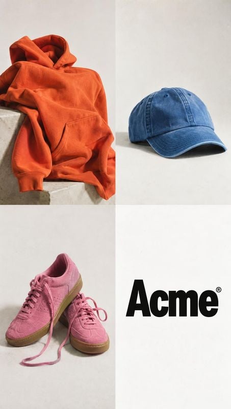 hoodie, baseball cap and sneakers group lineup product photo: An orange hoodie, blue cap and pink sneakers are arranged in separate quadrants against pale stud…