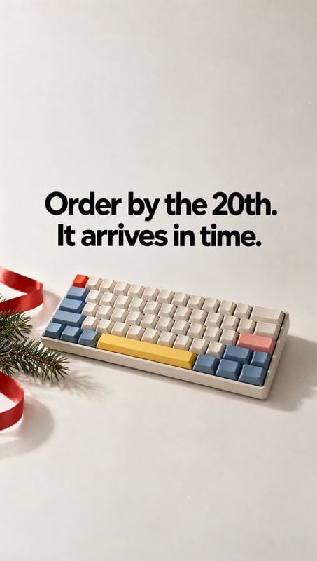 mechanical keyboard electronics product photo: A colorful mechanical keyboard sits on a pale surface beside festive greenery and red ribbon, with bold black de…