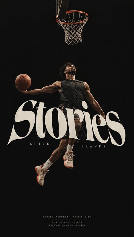 sneakers action & motion product photo: A basketball player leaps toward the hoop against a dark studio backdrop, wearing a black athletic outfit and light-col…