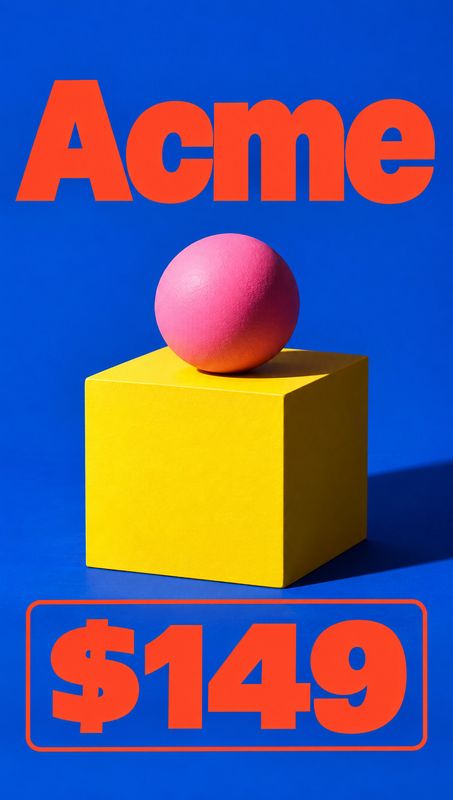 packshot product photo: A bright yellow cube topped with a pink sphere sits against a vivid blue background, framed by oversized orange “Acme” lettering and a…