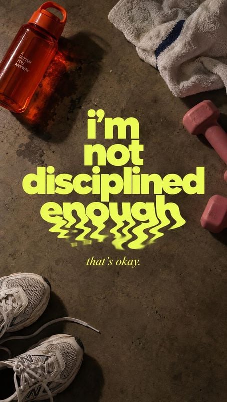 water bottle sports product photo: A red water bottle, towel, dumbbells, and sneakers frame a bold neon-yellow motivational slogan on a textured gym floor, cre…