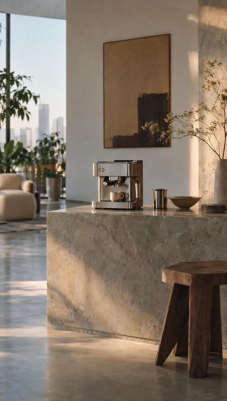 espresso machine interior space product photo: A stainless-steel espresso machine sits on a sculptural stone kitchen island in a calm, sunlit modern interior,…