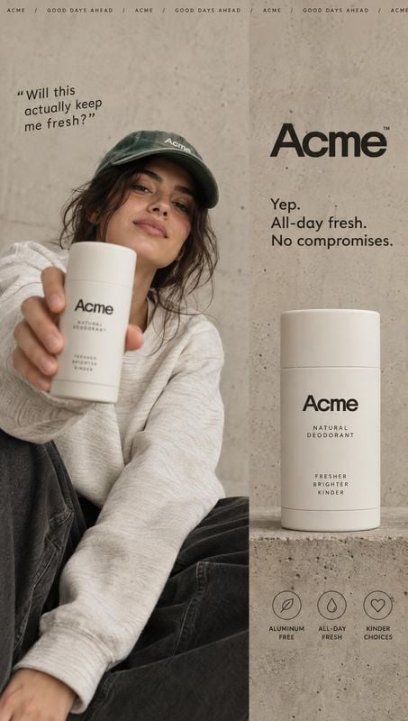 deodorant product in hand product photo: A casually dressed woman holds a deodorant toward the camera beside a large product shot, with bold black copy on a te…