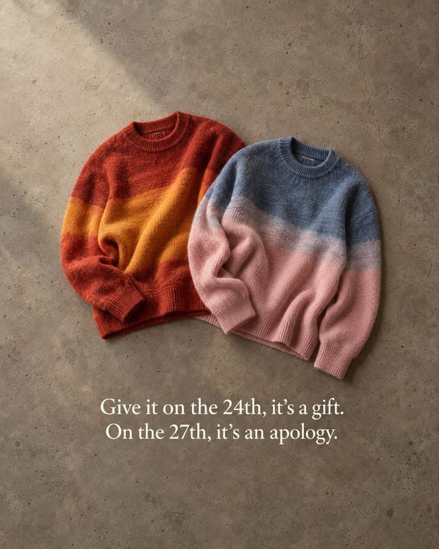 striped knit sweaters flat lay product photo: Two color-block knit sweaters are arranged on a textured concrete surface, with warm directional light and a play…