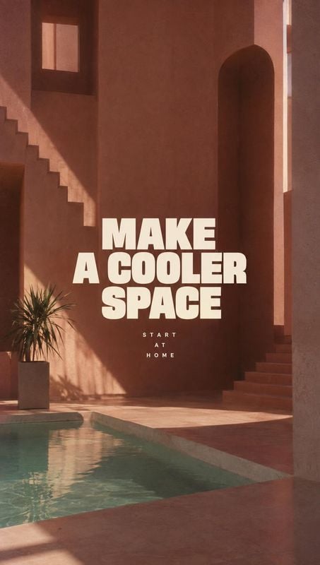 exterior / architecture product photo: A warm, sunlit architectural courtyard with a pool, staircase and potted plant is overlaid with bold cream lettering tha…