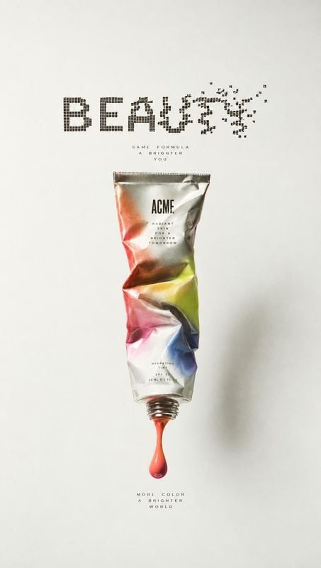 colorful cosmetic tube packshot product photo: A crumpled, iridescent tube dispenses a vivid coral drop beneath oversized pixelated beauty lettering, set again…
