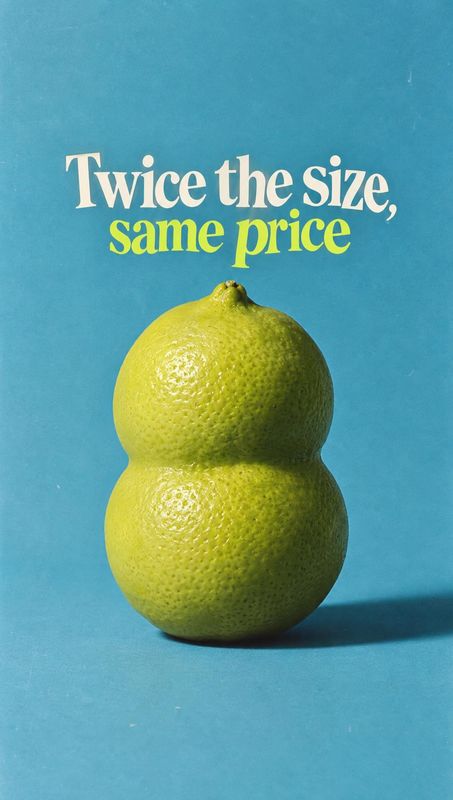 oversized lime food and drink product photo: An oversized, double-lobed lime sits against a bright blue studio backdrop beneath bold cream and yellow typograph…