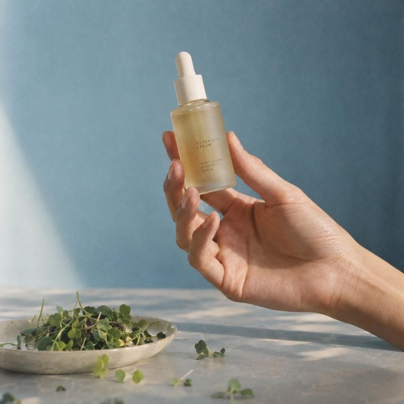 serum bottle product in hand product photo: A hand presents a frosted dropper bottle above a pale stone surface with leafy botanicals, lit by soft natural sunl…