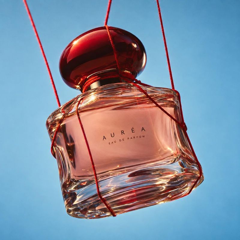 perfume bottle floating product product photo: A rose-tinted perfume bottle hangs suspended by red cords against a clean blue studio backdrop, with warm highli…