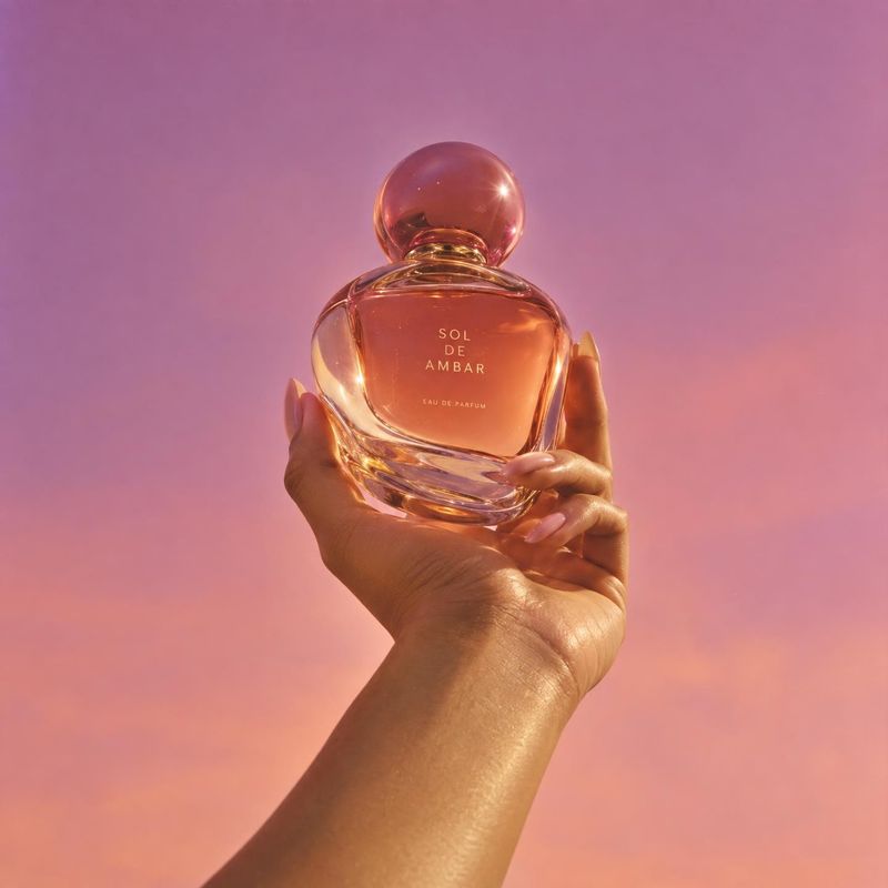 perfume product in hand product photo: A manicured hand presents an amber-toned perfume bottle against a softly glowing pink and mauve background, creating a w…