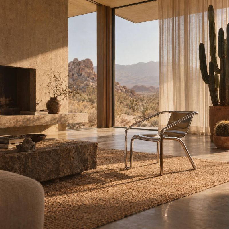 modern metal chair interior space product photo: A sculptural metal chair sits in a warm, minimalist desert home, where sunlit stone, sheer curtains, and a wov…