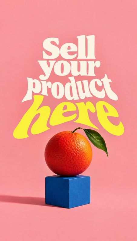 orange food and drink product photo: A bright orange with a green leaf sits on a blue block against a pink studio backdrop, beneath bold cream-and-yellow displ…
