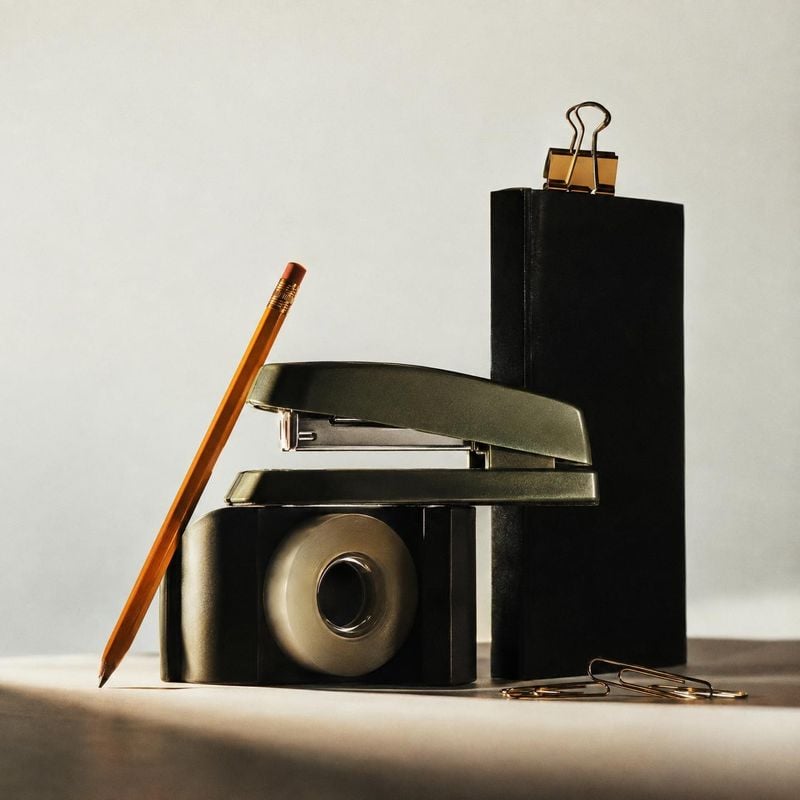 office stationery set stationery product photo: A black stapler, tape dispenser, pencil, and clips are arranged as a sculptural stationery still life against a…