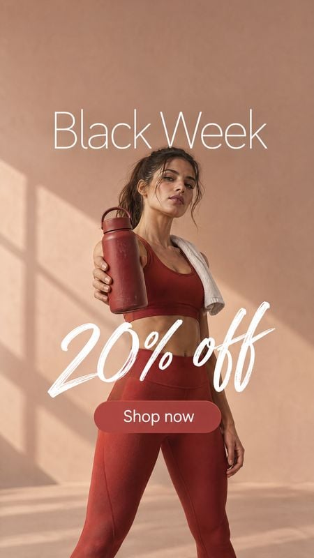 athletic wear and sports bottle sports product photo: A woman in a coordinated rust-red workout outfit holds a matching sports bottle in a sunlit studio, with…