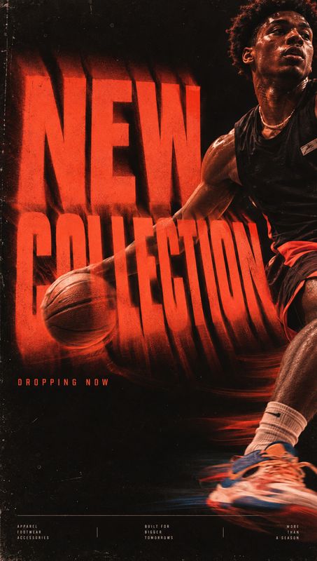 basketball sneakers and apparel action & motion product photo: A basketball player in dark athletic wear and sneakers surges across a black-and-red scene, with…