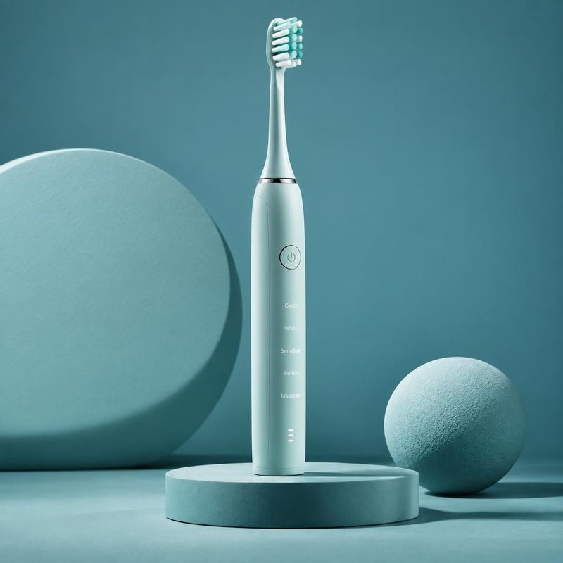 electric toothbrush personal care product photo: A mint-colored electric toothbrush stands upright on a round pedestal against a teal studio backdrop with scul…