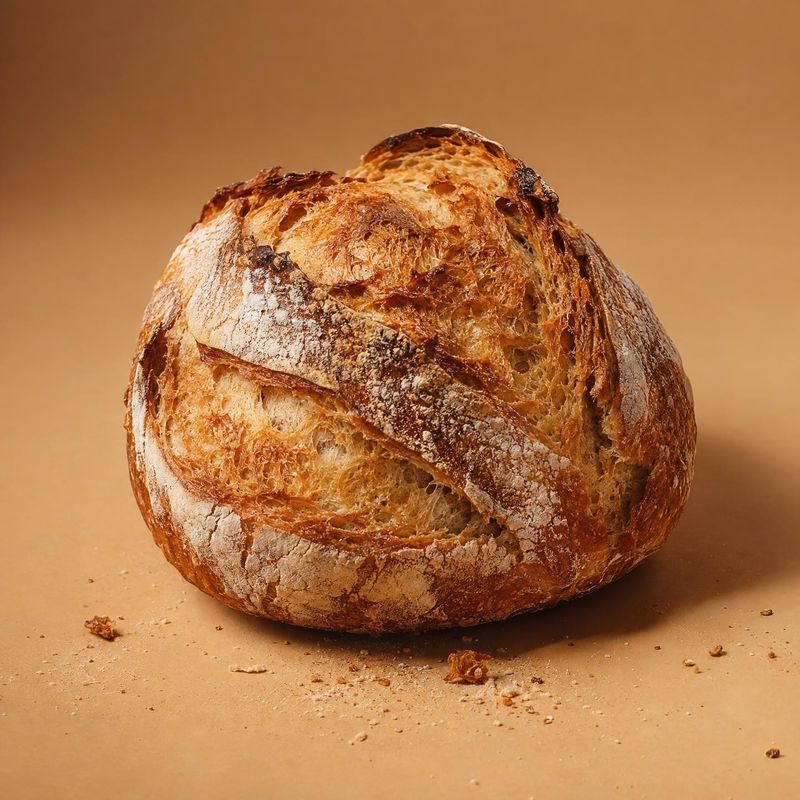 artisan sourdough bread food and drink product photo: A crusty, flour-dusted round loaf sits amid a few crumbs on a warm tan studio surface, lit softly to emph…