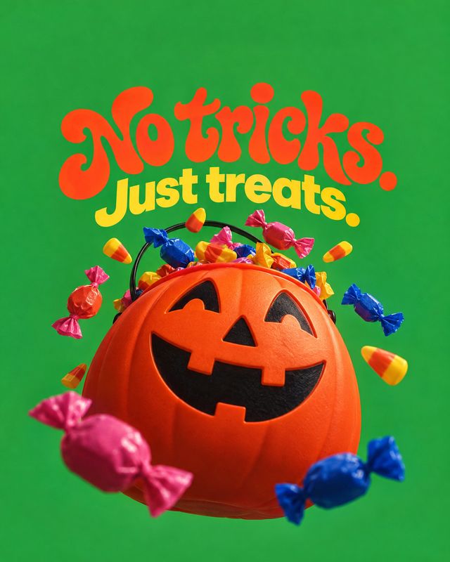 wrapped candies in a pumpkin bucket halloween product photo: A bright orange jack-o’-lantern bucket overflowing with colorful wrapped candies floats against a…