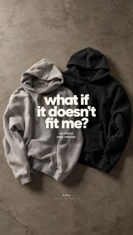 hoodies flat lay product photo: Two folded-out hoodies, one light gray and one black, lie on a textured concrete surface beneath bold white headline text, crea…