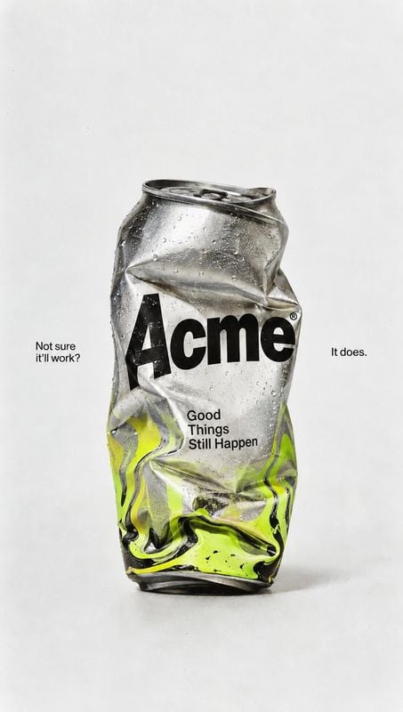 crushed beverage can packshot product photo: A condensation-covered, heavily crushed silver can with bright lime accents stands against a pale studio backdrop,…
