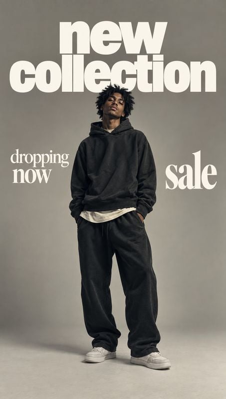 black hoodie and sweatpants black friday product photo: A model poses in a black oversized hoodie and loose sweatpants against a muted studio backdrop, framed…