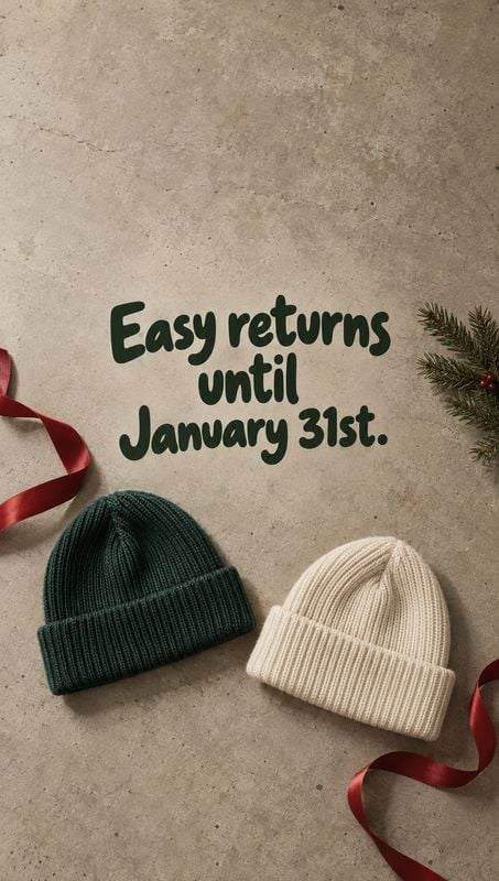 knit beanies flat lay product photo: Two ribbed knit beanies in deep green and cream are arranged on a textured stone surface with red ribbon and evergreen spr…