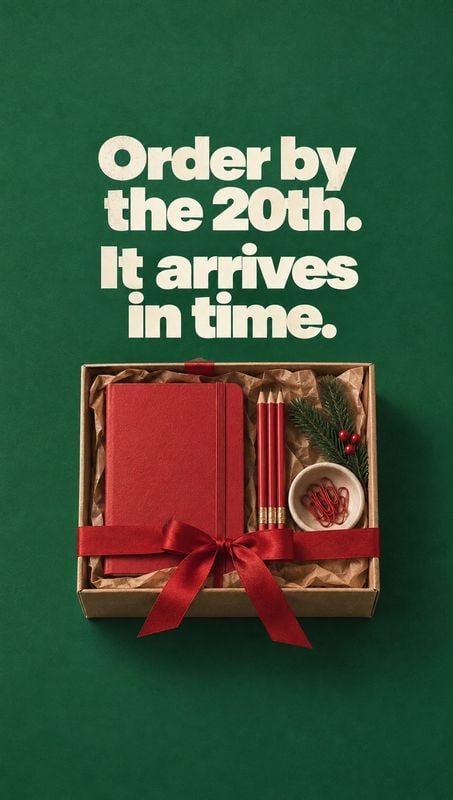 gift stationery set stationery product photo: A boxed stationery gift set with a red notebook, pencils, and paper clips is arranged with festive greenery and r…