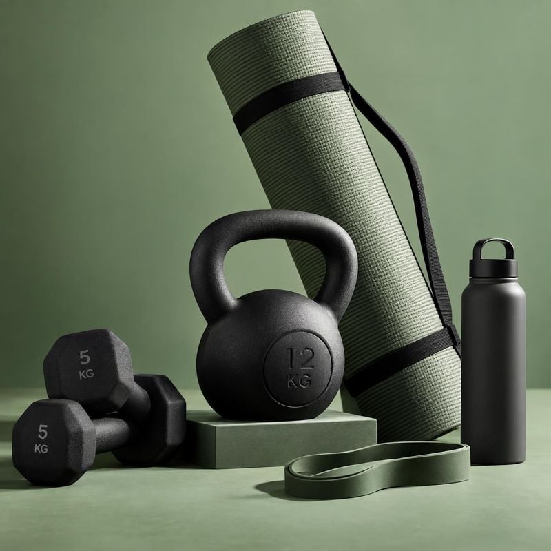 fitness equipment set sports product photo: A coordinated set of weights, a rolled exercise mat, resistance band and water bottle is arranged on green plinths…