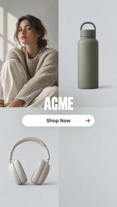 reusable bottle and over-ear headphones packshot product photo: A woman in a soft neutral knit sits beside a sage-green bottle and beige headphones in a minima…